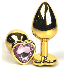 Золотистая анальная пробка с нежно-розовым кристаллом-сердцем - 8 см.