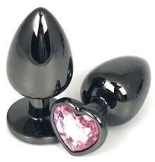 Черная металлическая анальная пробка с нежно-розовым стразом-сердечком - 6,5 см.