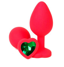 Красная силиконовая анальная пробка с зеленым стразом-сердцем - 8,5 см.