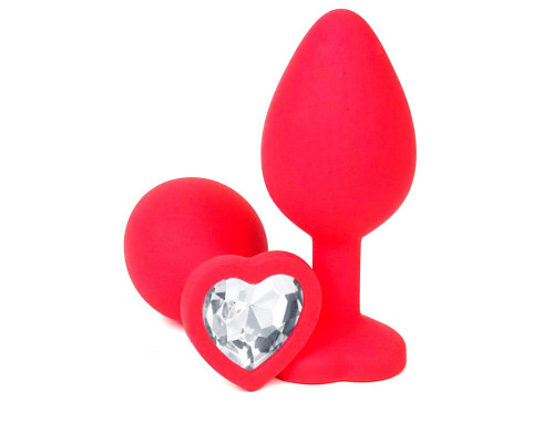 Красная силиконовая анальная пробка с прозрачным стразом-сердцем - 10,5 см.
