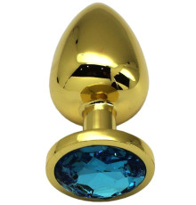 Золотистая анальная пробка с голубым кристаллом - 9 см.