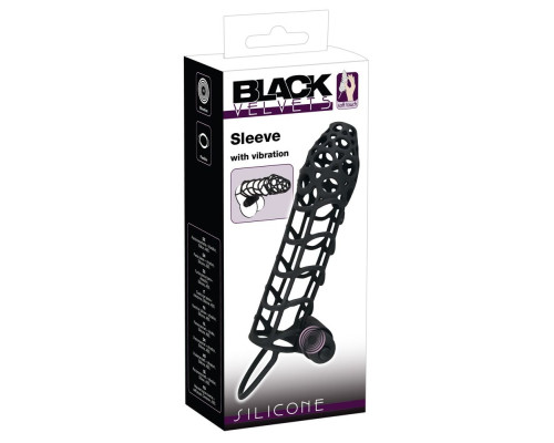 Чёрная закрытая насадка-сетка на пенис с вибрацией Black Velvet - 14 см.