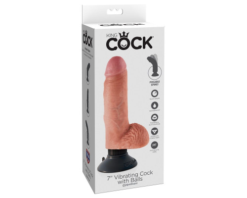 Телесный вибратор с мошонкой и съемной присоской 7  Vibrating Cock with Balls - 17,8 см.