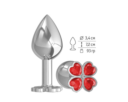 Средняя серебристая анальная втулка с клевером из красных кристаллов - 8,5 см.