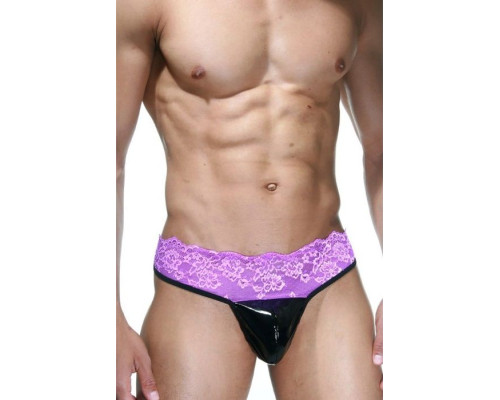 Черно-фиолетовые трусы-танга на кружевном поясе