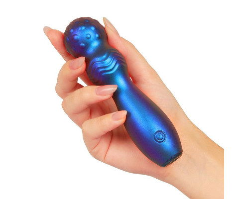 Синий фигурный вибромассажер с шаровидной головкой - 14 см.