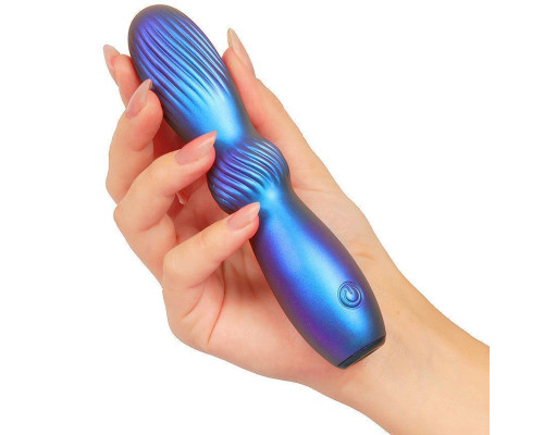 Синий фигурный вибромассажер со спиралевидным рельефом - 15 см.