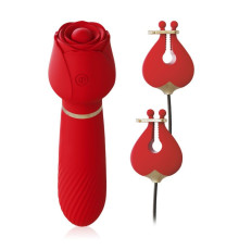Красный вибромассажёр с зажимами для сосков - 16 см.
