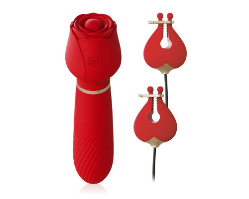 Красный вибромассажёр с зажимами для сосков - 16 см.