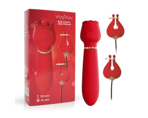 Красный вибромассажёр с зажимами для сосков - 16 см.