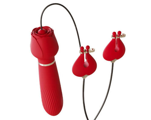 Красный вибромассажёр с зажимами для сосков - 16 см.