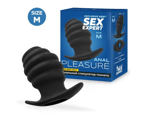 Черный рельефный анальный стимулятор-тоннель - 8 см.