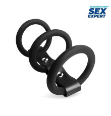 Черное тройное эрекционное кольцо с ремешком
