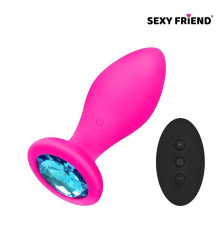 Розовая вибровтулка с голубым кристаллом и пультом ДУ - 8,5 см.