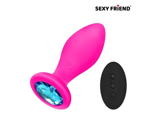 Розовая вибровтулка с голубым кристаллом и пультом ДУ - 8,5 см.