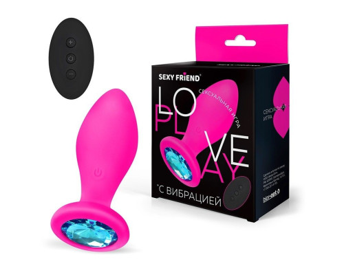 Розовая вибровтулка с голубым кристаллом и пультом ДУ - 8,5 см.
