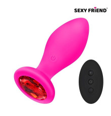 Розовая вибровтулка с красным кристаллом и пультом ДУ - 9 см.