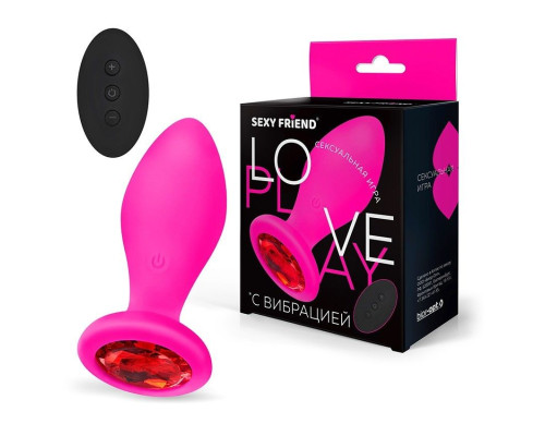 Розовая вибровтулка с красным кристаллом и пультом ДУ - 9 см.