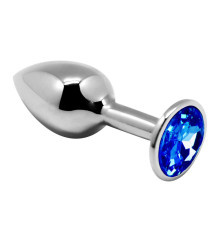Серебристая анальная втулка с синим кристаллом Mini Metal Butt Plug Size S - 7 см.