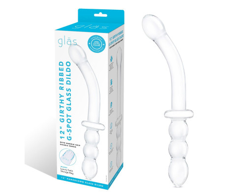 Изогнутый стеклянный фаллоимитатор 12’’ Girthy Ribbed G-Spot Glass Dildo With Handle Grip Double Ended - 30 см.