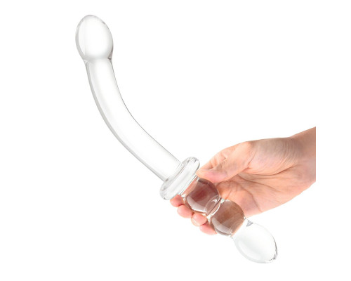 Изогнутый стеклянный фаллоимитатор 12’’ Girthy Ribbed G-Spot Glass Dildo With Handle Grip Double Ended - 30 см.