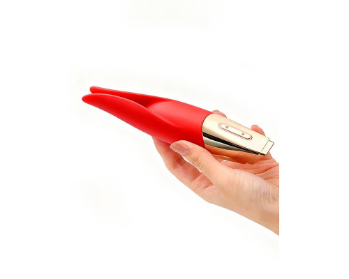 Красный мини-вибратор с раздвоенным кончиком - 12,3 см.