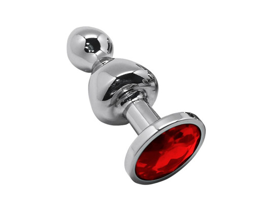 Серебристая анальная втулка Wooomy Lollypop M с красным кристаллом - 9,4 см.