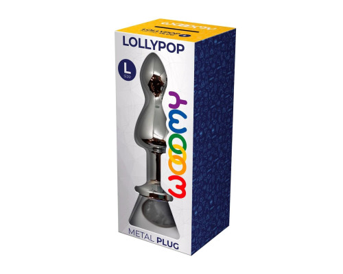 Серебристая анальная втулка Wooomy Lollypop L с прозрачным кристаллом - 10,5 см.