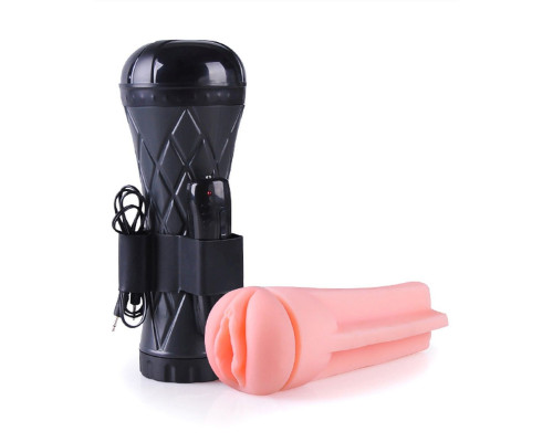 Телесный мастурбатор-вагина в черной колбе с вибрацией