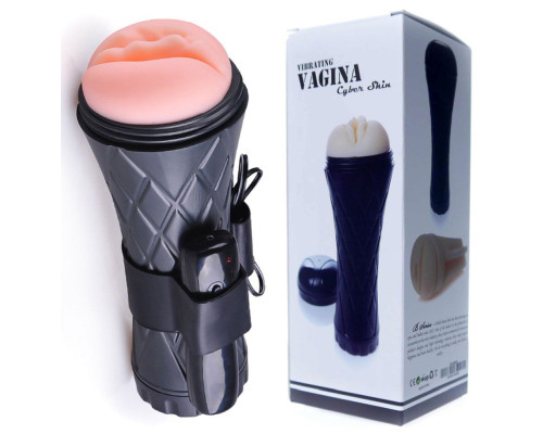 Телесный мастурбатор-вагина в черной колбе с вибрацией