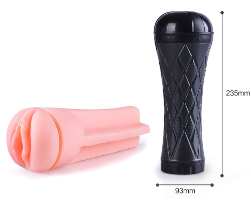 Телесный мастурбатор-вагина в черной колбе с вибрацией