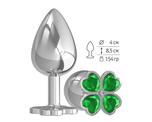 Серебристая анальная пробка-клевер с зеленым кристаллом - 9,5 см.