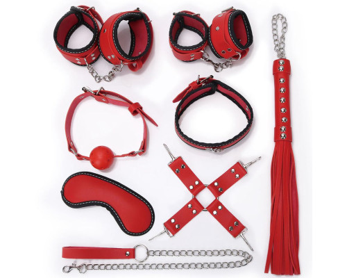 Пикантный красно-черный набор БДСМ: маска, ошейник, кляп, фиксатор, наручники, оковы, плеть