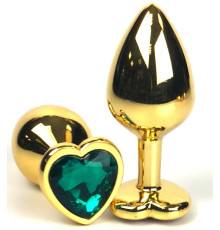 Золотистая анальная пробка с зеленым кристаллом-сердцем - 8 см.