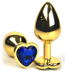 Золотистая анальная пробка с синим кристаллом-сердцем - 8 см.