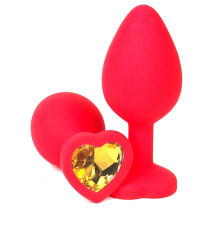 Красная силиконовая анальная пробка с оранжевым стразом-сердцем - 8,5 см.