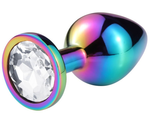 Разноцветная гладкая анальная пробка с прозрачным кристаллом - 7,5 см.