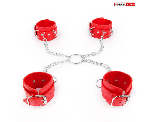 Комплект красных наручников и оков на металлических креплениях с кольцом