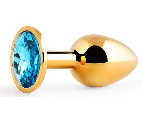 Золотистая анальная пробка с голубым стразом - 7,2 см.