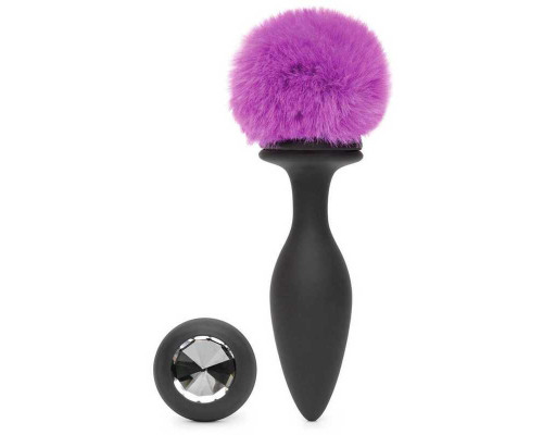 Черная анальная вибропробка Rechargeable Vibrating Bunny Tail Butt Plug Large - 14 см.