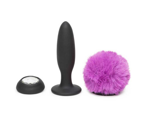 Черная анальная вибропробка Rechargeable Vibrating Bunny Tail Butt Plug Large - 14 см.