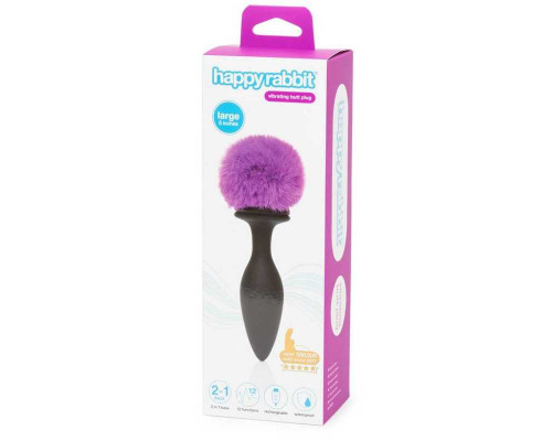 Черная анальная вибропробка Rechargeable Vibrating Bunny Tail Butt Plug Large - 14 см.