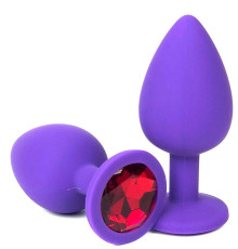 Фиолетовая анальная пробка с красным кристаллом - 8 см.