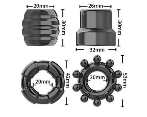 Набор из 4 черных рельефных эрекционных колец на пенис