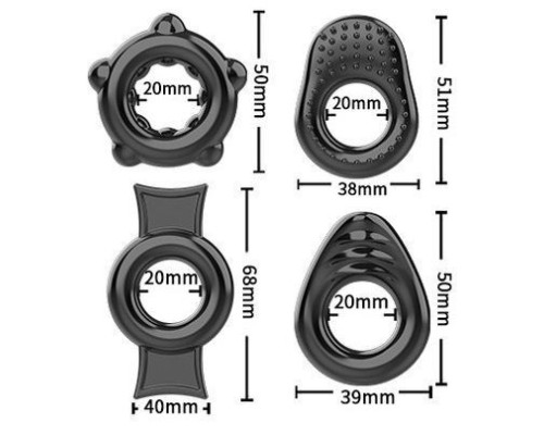 Набор из 4 черных эрекционных колец на пенис с рельефом