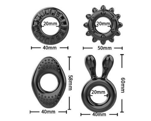 Набор из 4 черных эрекционных колец на пенис