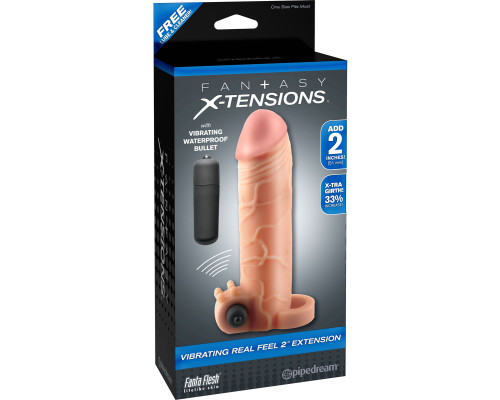 Телесная вибронасадка с кольцом Vibrating Real Feel 2 Extension - 16 см.