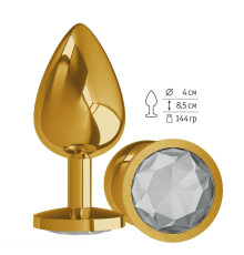 Золотистая большая анальная пробка с прозрачным кристаллом - 9,5 см.