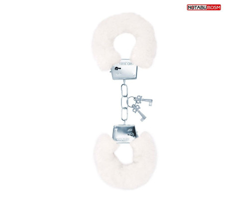 Белые меховые наручники на сцепке с ключиками