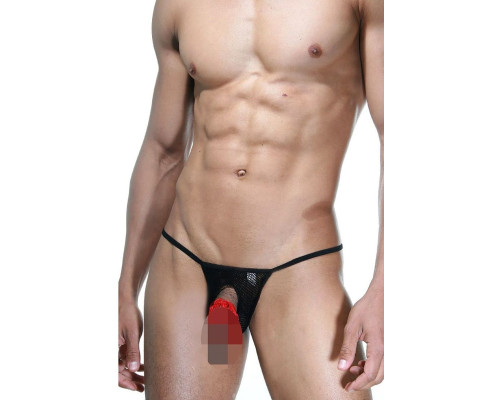 Черные мужские стринги с красной накладкой на интимную зону